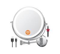 Auxmir 10" Miroir Grossissant Mural Rechargeable 5000mAh 1X/30X, Argenté | Bouton tactile double face, bras extensible rotatif 360°, 3 modes d'éclairage, luminosité réglable, idéal pour salle de bain