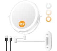 Auxmir Miroir de maquillage mural de 20,3 cm avec lumière, grossissement double face rechargeable 1X/30X 3200mAh, éclairage 3 couleurs à intensité variable et bras pliable rotatif à 360°, doré