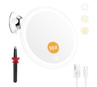 Auxmir Miroir Grossissant 30x Lumineux - Rechargeable avec 3 Modes D'éclairage LED - Ventouse d'attache Ajustable à 360° sans Fil - Miroir Cosmétique Portable pour Salle de Bain, Voyage