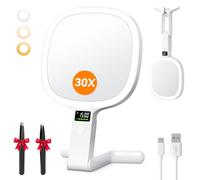 Auxmir Miroir Grossissant Lumineux 2500mAh 1X/30X, Support 4-en-1, Blanc | Affichage de batterie et heure, pinces incluses, 3 couleurs réglables, miroir maquillage pliable pour maison et voyage