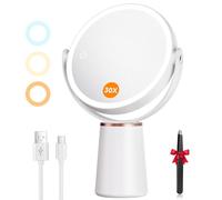 Auxmir Miroir Grossissant Lumineux 30X/1X Double Face, Miroir Grossissant sur Pied Rechargeable 2000mAh avec 3 Couleurs éclairage, 64 LED, Rotation 360° pour Maquillage, Soin du Visage