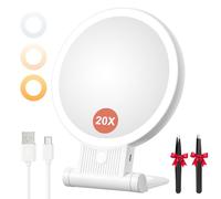 Auxmir Miroir Grossissant Lumineux Double Face 1X/20X, Miroir Maquillage 3 Couleurs D'éclairage, Luminosité Réglable, Batterie 2000mAh Rechargeable, Support 360°, Mural/Portable/Pliable