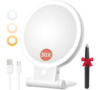 Auxmir Miroir Grossissant Lumineux Double Face 1X/30X, Miroir Maquillage 3 Couleurs D'éclairage, Luminosité Réglable, Batterie 2000mAh Rechargeable, Support 360°, Mural/Portable/Pliable