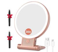 Auxmir Miroir Grossissant Lumineux Double Face 1X/30X, Miroir Maquillage 3 Couleurs D'éclairage, Luminosité Réglable, Batterie 2000mAh Rechargeable, Support 360°, Mural/Portable/Pliable