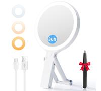 Auxmir Miroir Grossissant Lumineux Double Face 30X/1X, Miroir Maquillage Grossissant 2000mAh Rechargeable avec 3 Couleurs Éclairage, Mirroir LED Pliable avec Pince à Épiler pour Voyage/Bureau/Chambre
