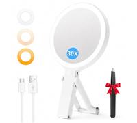 Auxmir Miroir Grossissant Lumineux Double Face 30X/1X, Miroir Maquillage Grossissant 2000mAh Rechargeable avec 3 Couleurs Éclairage, Mirroir LED Pliable avec Pince à Épiler pour Voyage/Bureau/Chambre