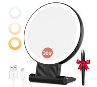 Auxmir Miroir Grossissant Lumineux LED 30X/1X Rechargeable, Noir | Miroir maquillage LED, 3 couleurs, luminosité réglable, rotation 360°, à suspendre, pliable et portable pour maison et voyage