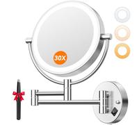 Auxmir Miroir Grossissant Mural 30X/1X avec Alimentation Secteur Permanente | Prise EU, bouton tactile double face, bras extensible rotatif 360°, 3 lumières réglables pour hôtel et salle de bain