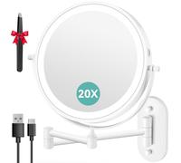 Auxmir Miroir Grossissant Mural Rechargeable 3200 mAh 1X/20X, Blanc | Bouton tactile double face, bras extensible rotatif 360°, 3 lumières, intensité réglable, idéal pour salle de bain et chambre