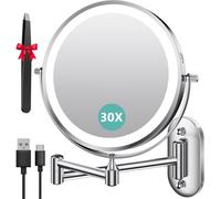 Auxmir Miroir Grossissant Mural Rechargeable 3200 mAh 1X/30X, Argenté | Bouton tactile double face, bras extensible rotatif 360°, 3 lumières, intensité réglable, idéal pour salle de bain et chambre