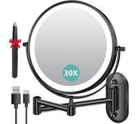 Auxmir Miroir Grossissant Mural Rechargeable 3200 mAh 1X/30X, Noir | Bouton tactile double face, bras extensible rotatif 360°, 3 lumières, intensité réglable, idéal pour salle de bain et chambre
