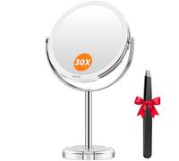Auxmir Miroir Maquillage Grossissant 1X et 30X Double Face, Miroir de Table avec Support Rotation à 360°, Pivote à Deux Côtés pour Chambre et Salle de Bain, Diamètre 17cm