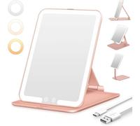 Auxmir Miroir Maquillage Lumineux Rechargeable 48 LED, Pliable avec Commande Tactile, Miroir Coiffeuse à 3 Couleurs et Intensité Réglable pour Maquillage Quotidien, Retouches et Soins du Visage,OrRose