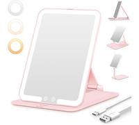 Auxmir Miroir Maquillage Lumineux Rechargeable 48 LED, Pliable avec Commande Tactile, Miroir Coiffeuse à 3 Couleurs et Intensité Réglable pour Maquillage Quotidien, Retouches et Soins du Visage, Rose