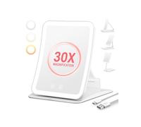 Auxmir Miroir Maquillage Lumineux Rechargeable, Miroir Grossissant de Voyage X30 Pliable avec 3 Couleurs Éclairage, LED à Intensité Variable, Mirroir de Table pour Voyage et Bureau, Cadeau pour Femme