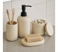 Ava Nord Ensemble d'Accessoires de Salle de Bain en Céramique - 4 pièces | Distributeur de Savon, Porte-Brosses à Dents, Porte-Savon et Pot à Cotons-Tiges | Design Scandinave Minimaliste (Beige)