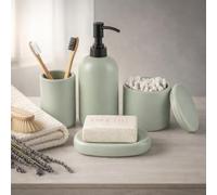Ava Nord Ensemble d'Accessoires de Salle de Bain en Céramique - 4 pièces | Distributeur de Savon, Porte-Brosses à Dents, Porte-Savon et Pot à Cotons-Tiges | Design Scandinave Minimaliste (Vert)