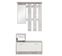 Avanti Trendstore - Rudolf - Meuble d'entrée en Bois laminé, avec Miroir, 3 patères et Meuble à Chaussures Pratique,Optique du Ciment et Blanc. Dimensions : LAP 100x180x25 cm