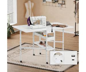 AVAWING Table Couture Pliante Réglable avec Prise et roulettes | Bois, roulettes bloquables, rangement intégré, pliable, pour atelier couture, salle créative, bureau