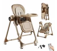 Aveainelle Chaise haute pour bébé multifonctionnelle avec mode balançoire, panneau tactile intelligent, télécommande, plateau à 2 niveaux, design pliable, marron/blanc/gris, 6 mois+ (Électrique kaki)