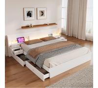 avec Tiroirs, Chevets et Éclairage LED - Bois + MDF - Sans Matelas