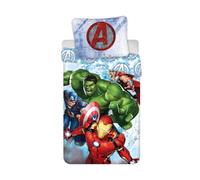 Avengers Hulk Iron Man Housse de Couette 140x200 + Taie 90x90 Coton Bleu | Parure de lit réversible 1 personne | Coton naturel respirant | Captain America Thor Marvel | Garçon | Lavable en machine