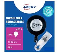 AVERY - 10 Enrouleurs Rétractables pour Badges avec Lanière Bouton Pression - Fil Extensible 80 cm - Clip Métal Ceinture ou Poche - Compatibles avec Tous Types de Porte-Cartes - Coloris Noir