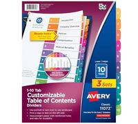 Avery Intercalaires à 10 onglets pour classeurs à 3 anneaux, table des matières personnalisable, onglets multicolores, 3 ensembles (11072)