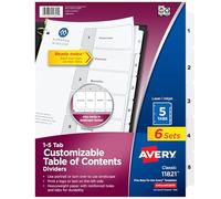 Avery Intercalaires à 5 onglets pour classeurs à 3 anneaux, table des matières personnalisable, onglets blancs classiques, 6 ensembles (11821)