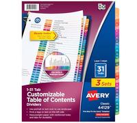 Avery Intercalaires à onglets de 1 à 31 pour classeurs à 3 anneaux, table des matières personnalisable, onglets multicolores, 3 ensembles (44129)