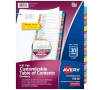 Avery Intercalaires à onglets de 1 à 31 pour classeurs à 3 anneaux, table des matières personnalisable, onglets multicolores, 1 lot, 12 paquets (11846)