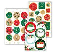 AVERY - Lot de 12 étiquettes cadeaux, 32 stickers déco et 24 étiquettes calendrier de l'avent - thème traditionnel vert et rouge