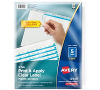 Avery Lot de 5 intercalaires en plastique à 5 onglets pour classeur à 3 anneaux, facile à imprimer et à appliquer, bande d'étiquettes transparentes, onglets personnalisables, blanc givré (12449)