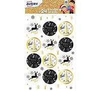 Avery NSTICK01 24 stickers de Noël ronds, motifs scintillants noir et doré | 24 stickers de Noël ronds, motifs scintillants noir et doré