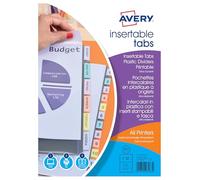 AVERY - Pochettes intercalaires à onglets personnalisables et imprimables, 12 touches, Format A4+ (permet de classer des pochettes perforées), En polypropylène coloré translucide