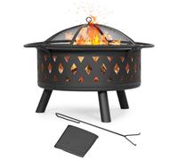 Avestar Braséro Rond Extérieur en Métal avec Housse, Noir | Brasero à bois et charbon avec Couvercle pare-étincelles, Bac à Charbon, Tisonnier, Housse Enduite PVC Fournie