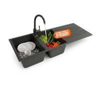 Avilia Évier de cuisine 2 bacs avec égouttoir et robinet, noir | Évier de cuisine en aggloméré ciment noir 115,7 x 50 cm, égouttoir réversible, mitigeur haut inclus