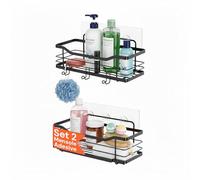 Avilia - Lot de 2 étagères en acier noir chromé - Organisateur mural de salle de bain et cuisine, crochets intégrés - Fixation adhésive résistante sans trous - Gain de place moderne pour shampooing ou