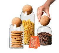 Avilia - Lot de 3 bocaux en verre avec couvercle en liège de 500/800/1000 ml pour pâtes, café et épices, usage quotidien en cuisine, design élégant et fermeture naturelle hermétique
