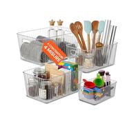 Avilia - Lot de 4 organisateurs en plastique robuste, multi-usages transparents, récipients peu encombrants, poignées intégrées pour cuisine, réfrigérateur et salle de bain - Boîtes empilables
