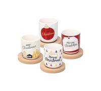 Avilia Lot de 4 tasses avec soucoupe en bois et décoration de Noël - Set de tasses à thé de Noël avec dessous de verre en bois, en porcelaine et bois, tasses de 200 cc