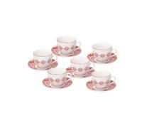 Avilia Lot de 6 tasses à café ou thé avec soucoupes - Set de tasses et soucoupes avec décorations arabesques, en porcelaine, 270 cc, blanc et rouge