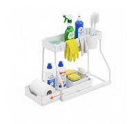 Avilia Organiseur sous évier amovible à 2 niveaux - Tiroir coulissant gain de place avec seau latéral et 4 crochets - Support polyvalent pour détergents et éponges - pour cuisine, salle de bain et