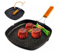 Avilia Poêle carrée antiadhésive 28 cm pour griller en aluminium moulé sous pression et avec poignée en bois pliable, idéale pour préparer des steaks ou des légumes grillés - résistante et facile à
