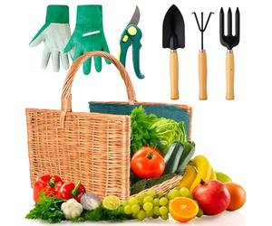 Avilia Set Panier avec Outils de Jardin ergonomiques - Porte-Outils de Jardin en Osier, Coffre avec Outils de Jardinage Complet, 35 x 22 x 29 cm
