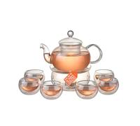 Avilia - Théière en verre 600 ml avec infuseur et base porte-bougie, lot de 6 tasses résistantes à la chaleur, idéal pour le thé en vrac et les infusions, élégante idée cadeau raffinée
