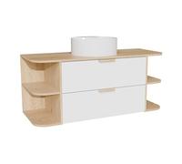 AVORELI Meuble de salle de bain suspendu avec niches et vasque à poser ronde - Blanc et naturel clair - L120 x H50 x P46 cm