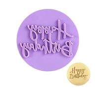 AWAVM Moule à biscuits rond violet pour anniversaire, « Happy Birthday » en acrylique, outil de décoration de biscuits en relief, outil de cuisson à faire soi-même