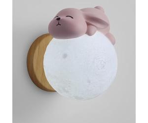 AWEITG Applique murale en résine lapin rose, applique murale moderne lune, applique murale en bois for chambre d'enfant, abat-jour PLA, appliques murales globe nordique, éclairage intérieur