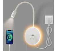 AWEKLIY Applique murale LED, Lampe Col de Cygne Flexible,liseuse de chevet avec interrupteur, port de charge USB, lumière ambiante de la chambre (lumière naturelle 3W + lumière chaude 8W) Fiche,Blanc